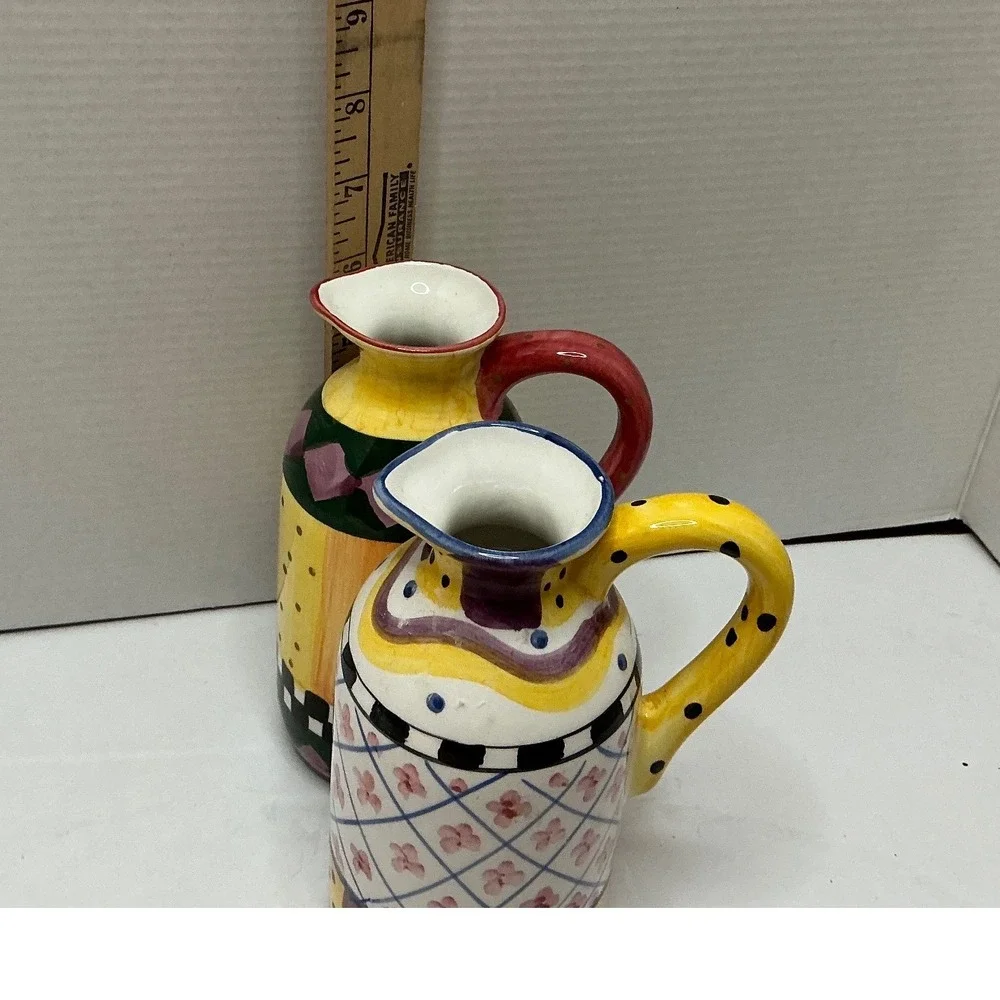 Vintage‎ Ceramic Pitchers Hand Painted Whimsical Set of 2 Multi Color